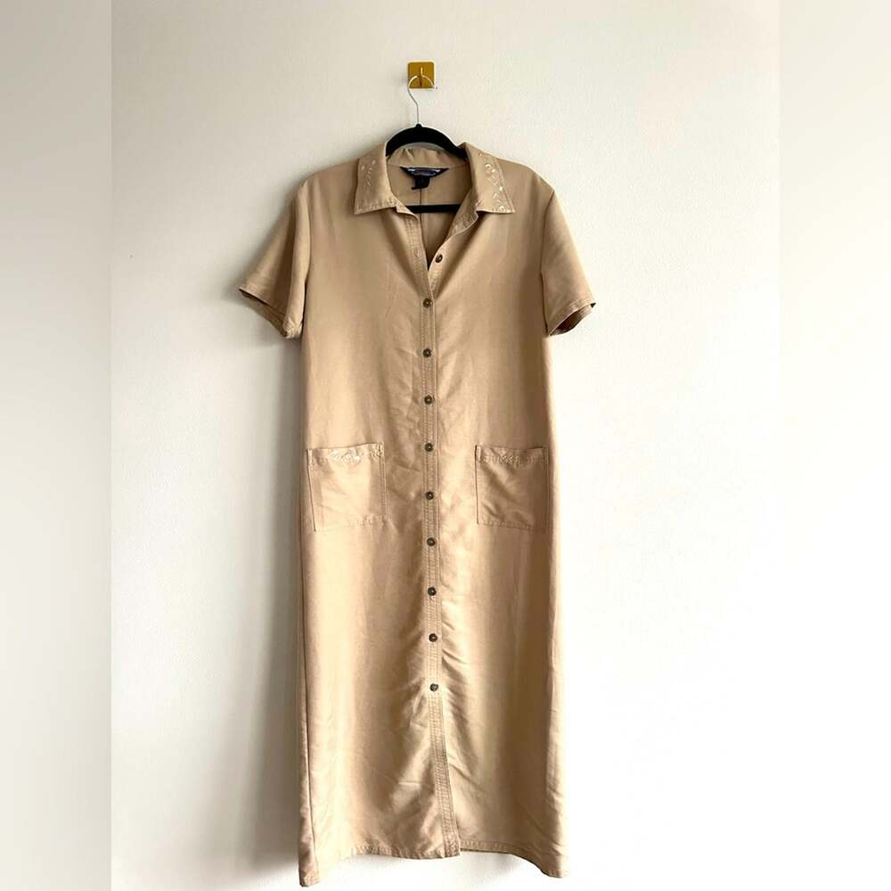 Vintage 90s Khaki Midi Shirt Dress Embroidered Collar Western Cottagecore Size L
